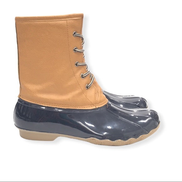 Navy Blue Tan Duck Boots Plaid Lining Size 9 - Picture 9 of 12